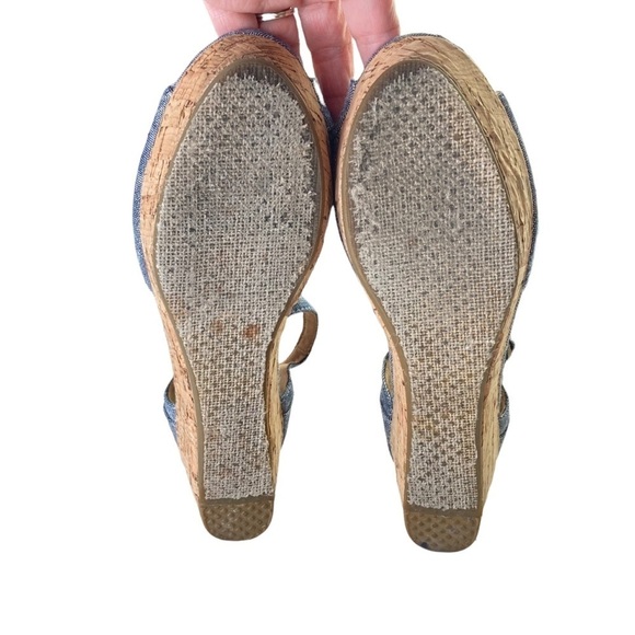 Tom’s Blue Denim Stacked Cork Wedge Peep Toe Sandals - Picture 8 of 9